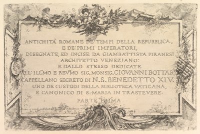 Folha de rosto: Antiguidade Romana do Tempo da República e dos Primeiros Imperadores Antiguidade..., ca. 1748. de Giovanni Battista Piranesi