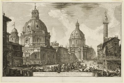 Vista de duas igrejas, uma chamada 1. S. Maria di Loreto, a outra 2. O Nome de Maria, perto da 3. Coluna de Trajano. 4. A subida ao Quirinal, de Vistas de Roma de Giovanni-Battista Piranesi