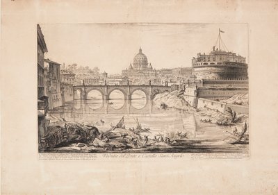 Vista da ponte e do Castelo de Santo Ângelo, o Mausoléu de Adriano, com barcos no Tibre em primeiro plano e a cúpula da Basílica de São Pedro ao fundo de Giovanni Battista Piranesi