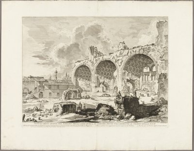 Vista dos restos da sala de jantar da Casa Dourada de Nero, comumente chamada de Templo da Paz, de Vistas de Roma de Giovanni Battista Piranesi