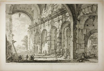 Vista do andar superior das Gaiolas para Animais Silvestres construídas pelo Imperador Domiciano, associadas ao Anfiteatro Flaviano e comumente chamadas de Cúria Hostilia, de Vistas de Roma de Giovanni Battista Piranesi