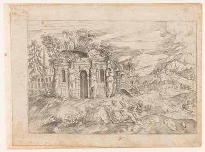 Paisagem com templo antigo com caryatids de Giovanni Battista Pittoni (I) (attributed to)