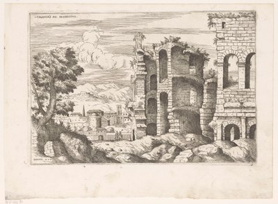 Gezicht op het Coliseu e omgeving te Roma Colosseum ro prospectus (título no objeto) Ruínas romanas (título da série) Alguns Monumentos Importantes da Antiguidade Romana (...) (título da série) de Giovanni Battista Pittoni (I)