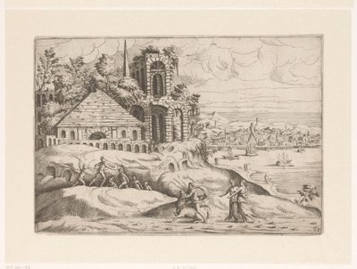 Paisagem com ruínas antigas e o Colosso de Rodes Paisagens com ruínas (título da série) de Giovanni Battista Pittoni (I)