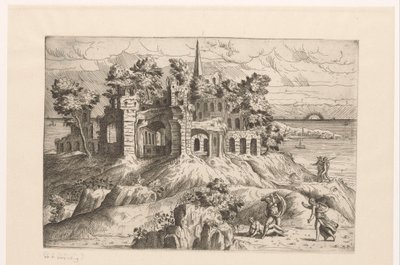 Paisagem com ruínas na orla marítima e um sol nascente ou poente
Paisagens com ruínas e arquitectura e figuras de fantasia em trajes antigos e exóticos (título da série) de Giovanni Battista Pittoni (I)