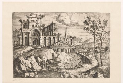 Paisagem com ruínas e arquitectura de fantasia sobre água corrente com cascata
Paisagem com ruínas e arquitectura e figuras de fantasia em trajes antigos e exóticos (título da série) de Giovanni Battista Pittoni (I)