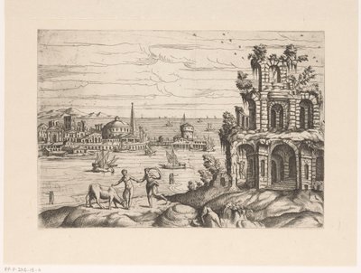 Paisagem urbana com ruínas e arquitetura de fantasia à beira-mar Paisagens com ruínas e arquitetura de fantasia e figuras em trajes antigos e exóticos (título da série) de Giovanni Battista Pittoni (I)