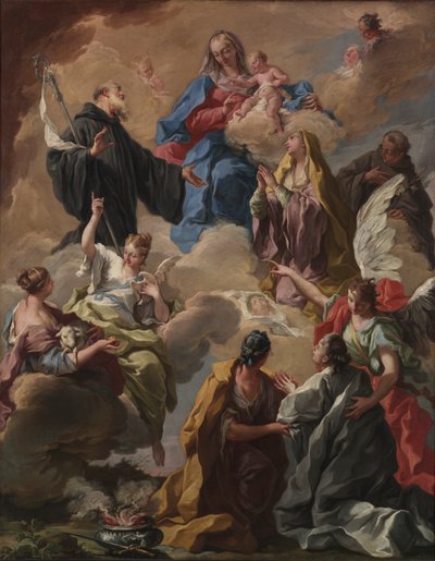 Santos Apresentando uma Mulher Devota à Virgem e ao Menino, década de 1720. de Giovanni Battista Pittoni