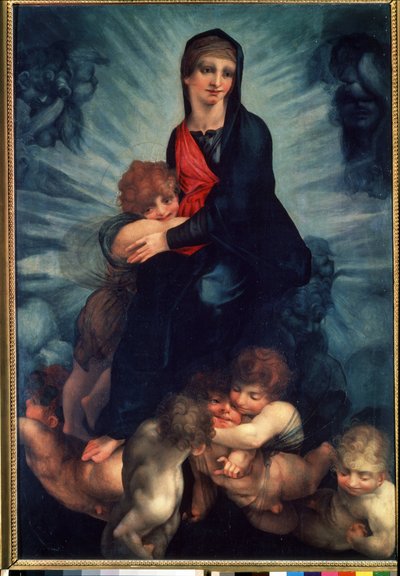 A Virgem e o Menino com anjos (A Virgem e o Menino com anjos). Pintura de Fiorentino Rosso (1495-1540). Óleo sobre tela de Giovanni Battista Rosso Fiorentino