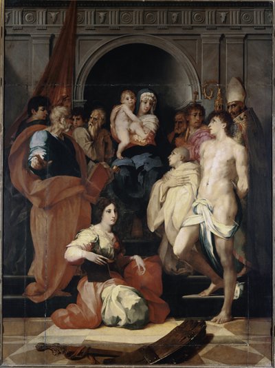 Madona no trono tem a criança e os santos (óleo sobre tela de Giovanni Battista Rosso Fiorentino