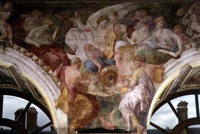 Parnassus, detalhe do esquema decorativo na Galeria de Francisco I de Giovanni Battista Rosso Fiorentino