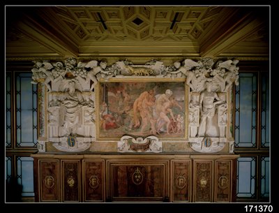O saque de Tróia ou Catania, detalhe do esquema decorativo na Galeria de Francisco I (1494-1547) 1535-40 (afresco e estuque) de Giovanni Battista Rosso Fiorentino