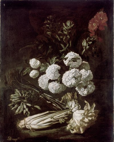 Natureza Morta de Flores e Vegetais, 1650s de Giovanni Battista Ruoppolo