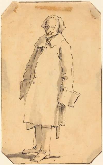 Um homem de pé, vestido com um sobretudo e botas de Giovanni Battista Tiepolo