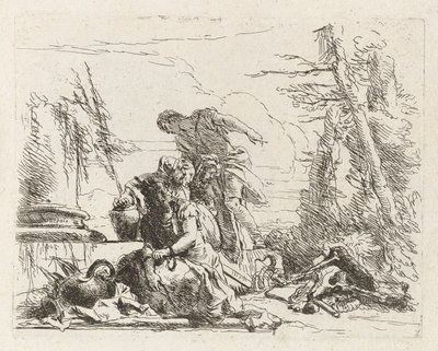 Uma mulher com os braços acorrentados e quatro outras figuras, de Vari capricci (Vários caprichos) de Giovanni Battista Tiepolo