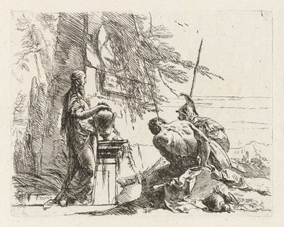 Uma mulher com as mãos num vaso, um soldado, e um escravo, de Vari capricci (Vários Capriccios) de Giovanni Battista Tiepolo