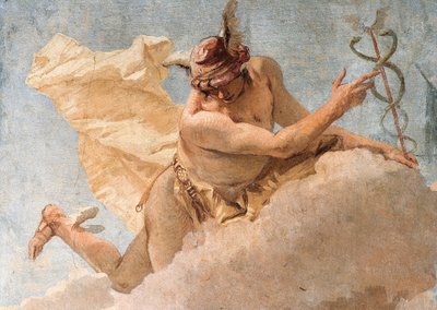 Detalhe de Mercúrio, de Mercúrio Exortando Enéias a deixar Cartago, da Sala da Eneida na Palazzina, 1757 de Giovanni Battista Tiepolo