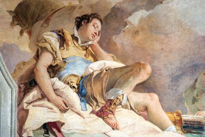 Detalhe de Rinaldo, de Armida Abduction the Sleeping Rinaldo, da Sala de Jerusalém Entregue na Palazzina, 1757 de Giovanni Battista Tiepolo