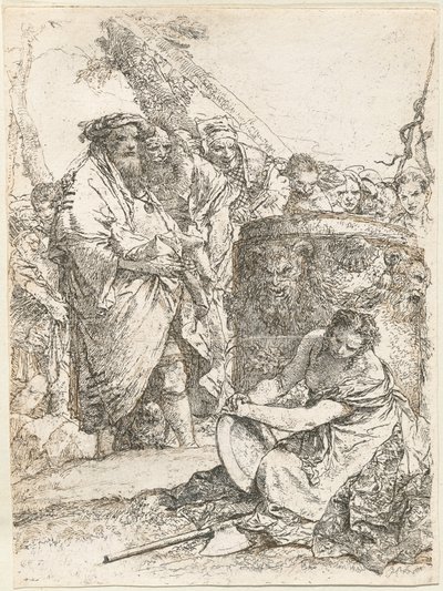 Mágico e outras figuras diante de um altar em chamas com caveira e ossos de Giovanni Battista Tiepolo