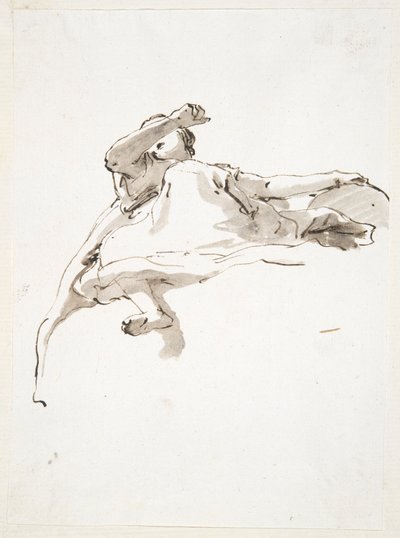 Figura feminina reclinada, mão esquerda apoiada no globo terrestre, braço direito levantado em frente da face, vista de baixo de Giovanni Battista Tiepolo