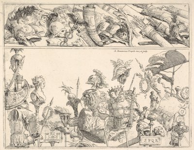Armas romanas, padrões e troféus, uma composição dividida em duas faixas horizontais, 1774. de Giovanni Battista Tiepolo