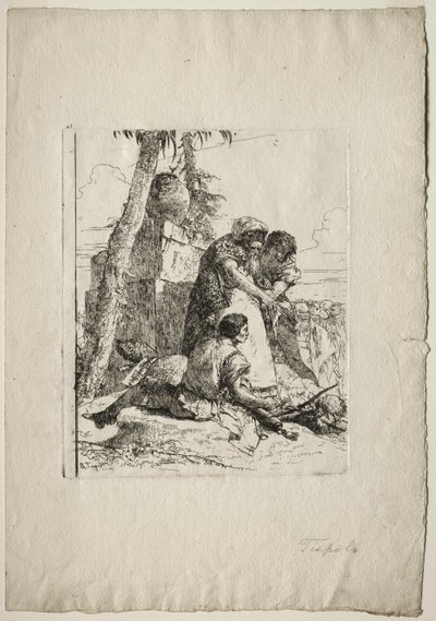 Scherzi di Fantasia: Mágico apontando uma cabeça em chamas para dois jovens de Giovanni Battista Tiepolo