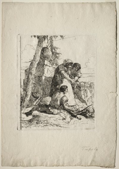 Scherzi di Fantasia: Mágico apontando uma cabeça ardente para dois jovens, de 1750. de Giovanni Battista Tiepolo