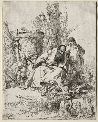 Scherzi di Fantasia: Mágico sentado, menino e quatro figuras de Giovanni Battista Tiepolo