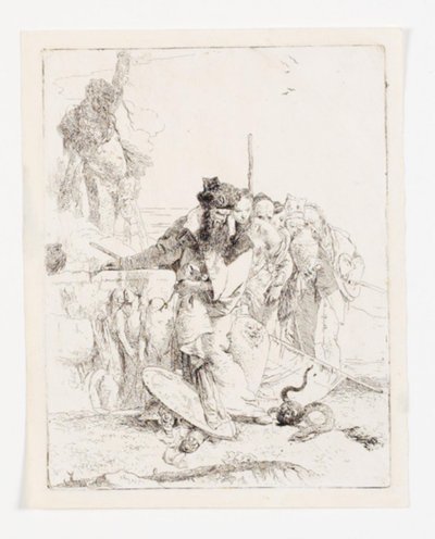 Seis pessoas olhando para uma cobra. Folha da série Scherzi di fantasia. (Rizzi 15; De Vesme 24) de Giovanni Battista Tiepolo