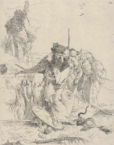 Seis pessoas observando uma cobra, do Scherzi, ca. 1743-50. de Giovanni Battista Tiepolo
