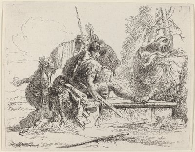 Soldado sentado em um túmulo com figuras ao redor de Giovanni Battista Tiepolo