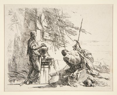 Mulher em pé e homem sentado diante de um obelisco, da série Vari Capricci de Giovanni Battista Tiepolo