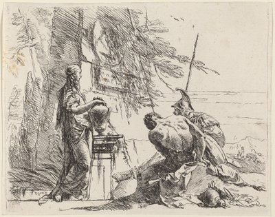 Mulher em pé e homens sentados diante de um obelisco de Giovanni Battista Tiepolo
