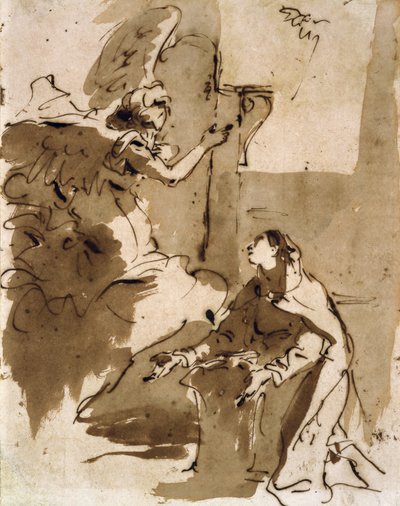 A Anunciação (caneta e tinta marrom e marrom no papel) de Giovanni Battista Tiepolo