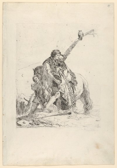 Três homens ao lado de um cavalo, do Scherzi, ca. 1740. de Giovanni Battista Tiepolo