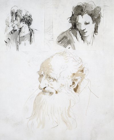 Três estudos de cabeças (caneta, tinta e papel) de Giovanni Battista Tiepolo