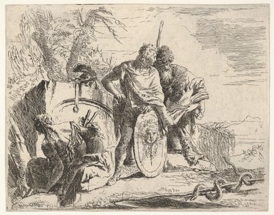 Três figuras e uma cobra enrolada em volta de um cajado, cercado por uma paisagem, o século XVIII. de Giovanni Battista Tiepolo