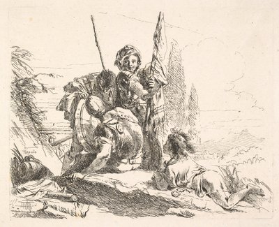 Três soldados e um jovem deitado em seu abdômen em uma paisagem, os soldados carregam um ..., ca. 1740-42. de Giovanni Battista Tiepolo