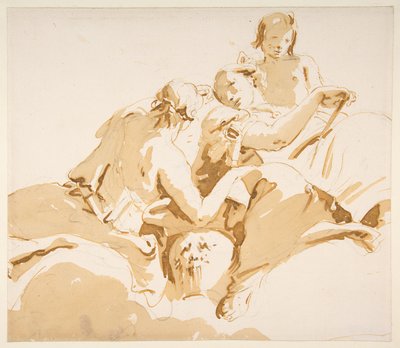 Duas mulheres sentadas e um rapaz sobre nuvens de Giovanni Battista Tiepolo