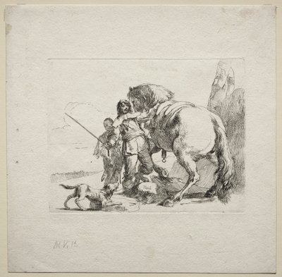 Vários caprichos: o cavaleiro montando seu cavalo de Giovanni Battista Tiepolo