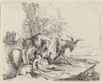 Mulher, criança sátira e cabra em uma paisagem de Giovanni Battista Tiepolo