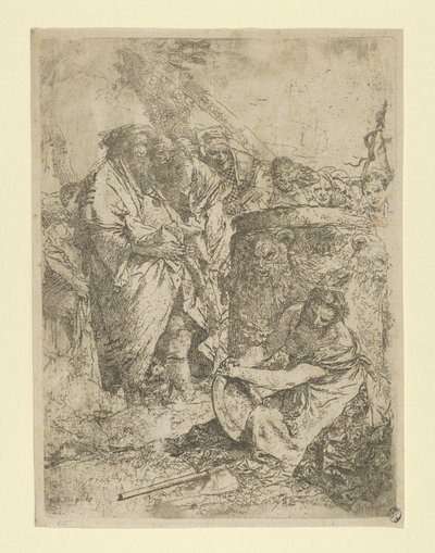 Mulher ajoelhada na frente de mágicos e outras figuras, do Scherzi, ca. 1740. de Giovanni Battista Tiepolo