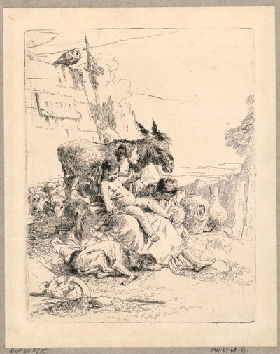 Mulher com dois filhos e um burro, placa 21 do Scherzi di Fantasia de Giovanni Battista Tiepolo