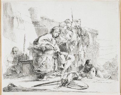 Homem jovem, sentada, inclinar-se, contra, um, urna, prato, de, Vari, Capricci, (Various, Caprices), 1740s de Giovanni Battista Tiepolo