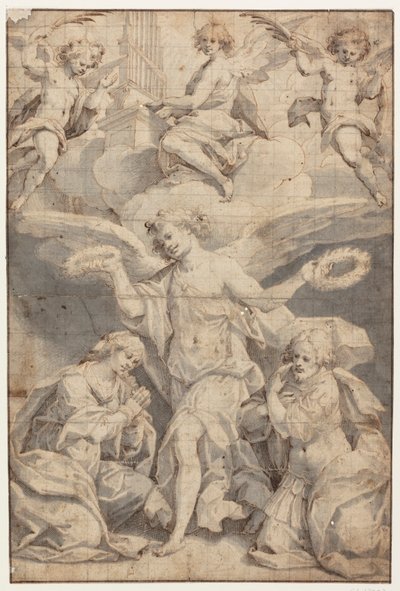 Um anjo coroa uma mulher ajoelhada e um soldado ajoelhado, enquanto dois anjos nas nuvens voam com ramos de palmeira e um terceiro toca o órgão de Giovanni Battista Trotti