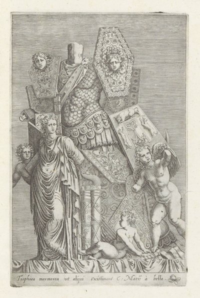 Troféu de armas, uma figura feminina e anjos
Tropoea marmorea ut aliqui existiman (...) (título sobre o objecto)
Esculturas antigas em Roma (título da série)
Antiquarum statuarum urbis Romae quae in publicis locis visuntur icones (título da série) de Giovanni Battista de