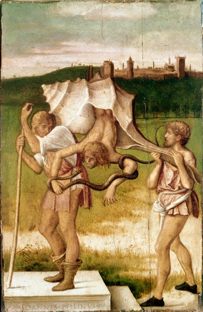 Alegoria da meditação ou inveja Um personagem de uma concha gigante, uma serpente envolve o seu braço, Pintura em madeira de Giovanni Bellini dit Giambellino (1425/1433-1516) 1480-1490 Veneza, Gallerie dell