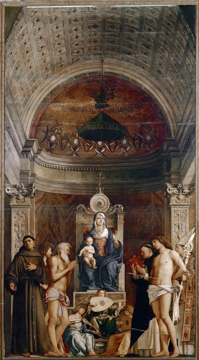 Altarpe de Saint Job: Virgem e Criança com Seis Santos e Anjos Músicos (tempera no painel, ca. 1487) de Giovanni Bellini