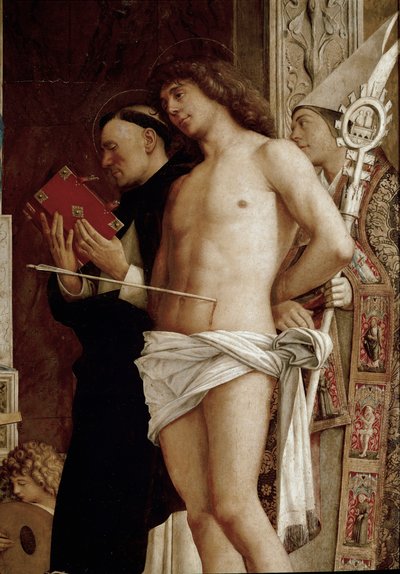 Altarpe de Saint Job: Virgem e Criança com Seis Santos e Anjos Músicos. Detalhe (tempera no painel, ca. 1487) de Giovanni Bellini