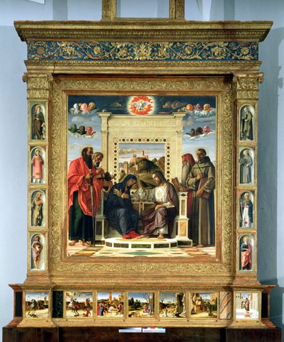 Coroação da Virgem com SS. Paulo, Pedro, Jerônimo e Francisco de Assis com cenas da vida dos santos no painel de predelas, conhecido como retábulo de Pala di Pesaro, c.1474 (óleo no painel de Giovanni Bellini